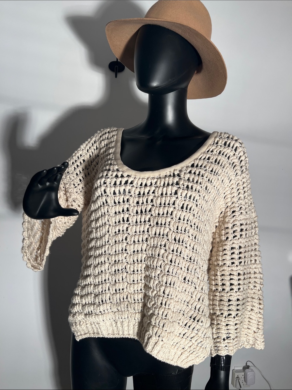 Free People Cream Open-Knit Scoop Neck Sweater